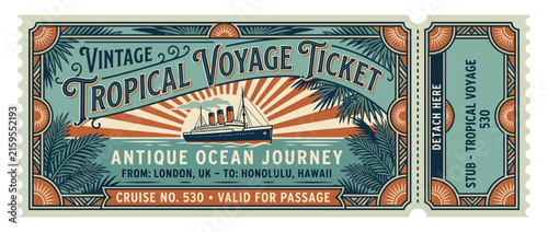Photography Vintage Tropical Voyage Ticket - Ocean Journey, Ship, Palm Trees