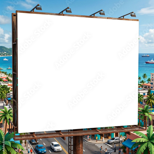 Blank Billboard Mockup in Sunny Tropical Coastal City with Ocean View and Palm Trees screee31