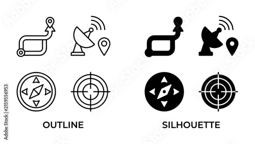 Konstfotografi Navigation Icons Set: A collection of graphic icons representing navigation, including route planning, satellite tracking, compass, and target reticle, presented in both outline and silhouette styles