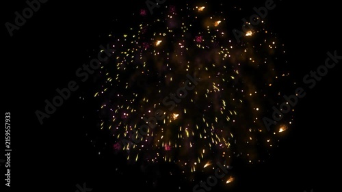 Fireworks explosion illuminates the darkness with golden sparks scattering in a spherical pattern during a celebration event.