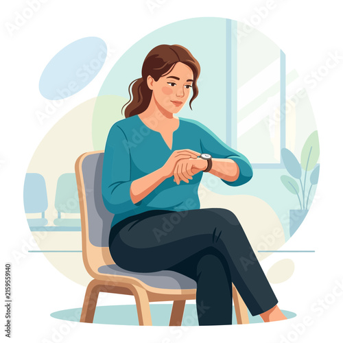 Woman checking watch while waiting in a simple, modern waiting room illustration.