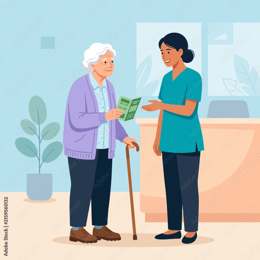 Fototapeta premium Caring Nurse Explains Brochure to Elderly Woman with Cane