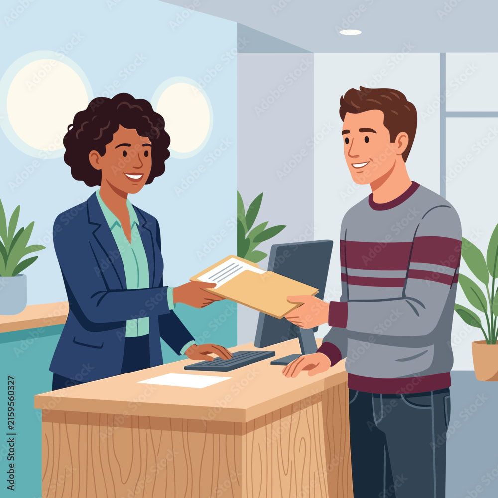 Obraz premium Customer Service Interaction: Woman Hands Document to Man at Reception Desk with Computer and Plants