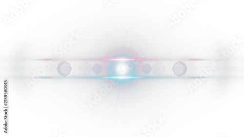 Anamorphic lens flare with horizontal light streaks, glowing blue and pink optical effects, bright futuristic sunburst on white background