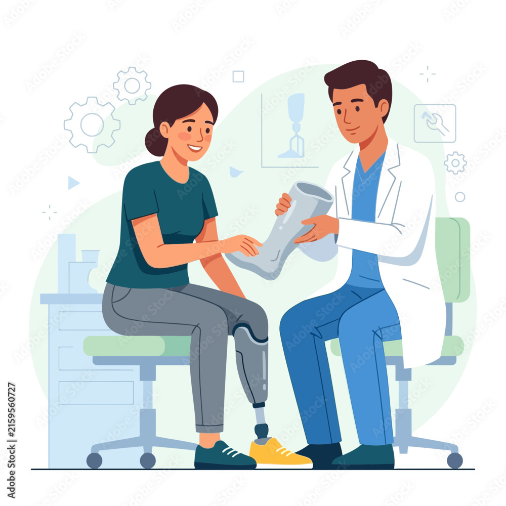 Fototapeta premium Doctor Consults Patient with Advanced Prosthetic Leg in Modern Medical Office