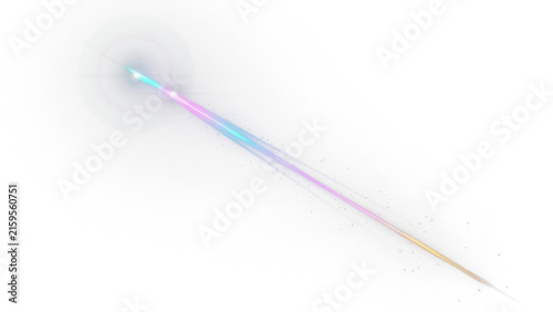 Luminous rainbow light streak on white background, vibrant neon laser beam, colorful glowing motion trail for design overlays