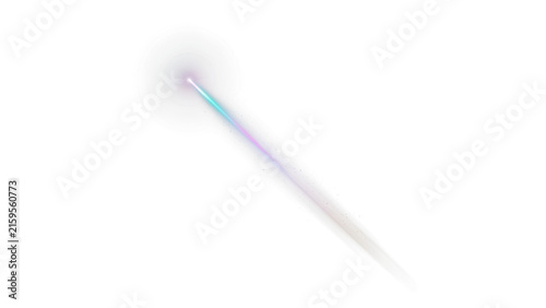 Luminous lens flare with purple and cyan light streak, glowing optical effect on white background, abstract neon beam element