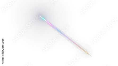 Prismatic light streak on white background, rainbow lens flare effect, colorful optical beam for overlay and graphic design