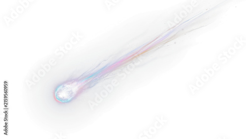 Glowing comet with ethereal light trail, celestial fireball falling through white space, cosmic meteor streak for design