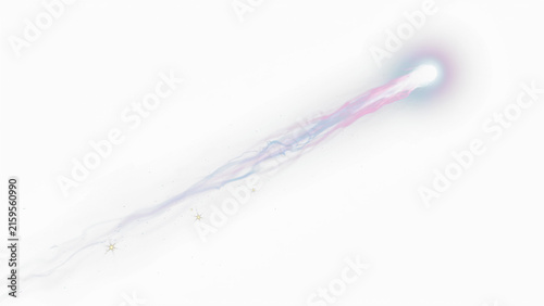 Luminous energy streak with glowing trail. Abstract light motion effect on white background. Vibrant purple and blue magic projectile.