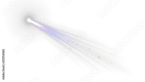 Luminous light beam with purple glow, glowing magic trail on white background, ethereal energy streak for visual effects