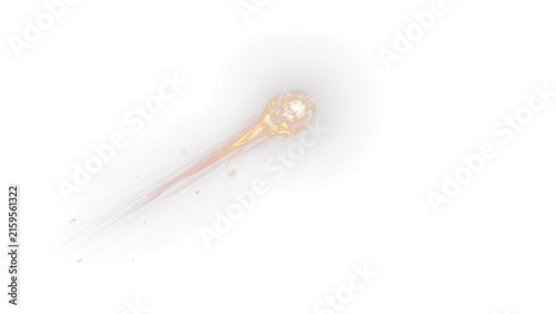 Glowing fireball streak on white background, fiery comet trail with light sparks, burning meteor effect for motion design