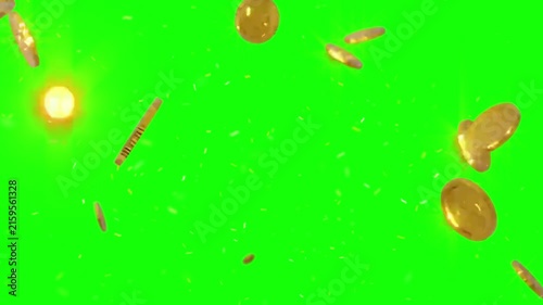 Golden coins and a bright sunburst flare fly through the air against a bright green screen background.