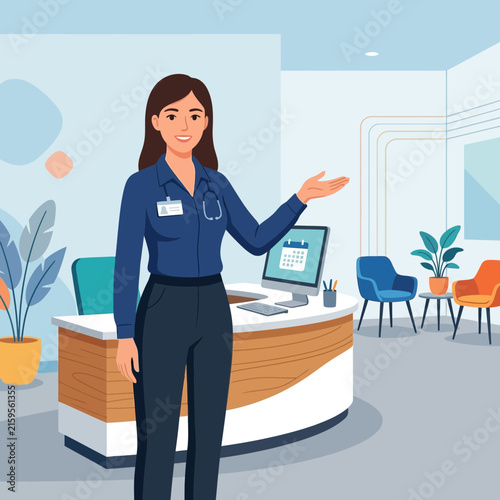 Friendly female doctor or receptionist welcomes patients in a modern clinic waiting room with plants and seating.
