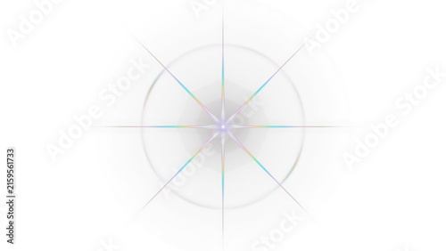 Ethereal lens flare with glowing starburst, soft iridescent light effect on white background, minimalist optical sun flare for overlays