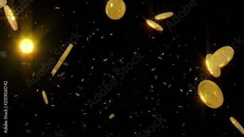 Gold coins float through dark space with bright lens flares and glowing sparkles in a wealth concept graphic.