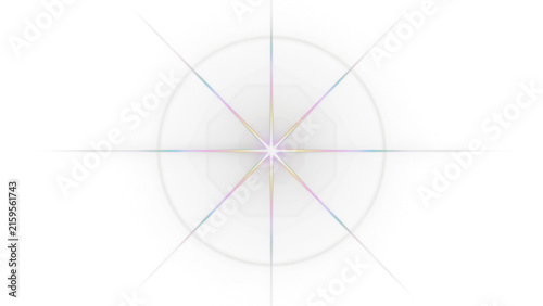 Luminous starburst lens flare, ethereal light effect with rainbow diffraction, glowing geometric sunburst on white background