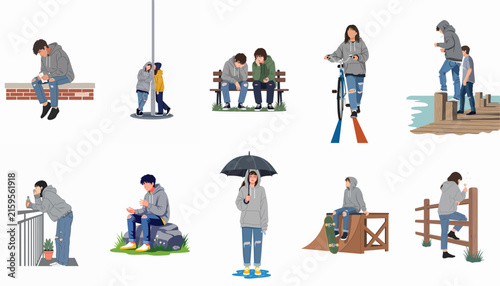 Collection of flat vector illustrations depicting various young people in casual streetwear engaged in different urban activities and settings.