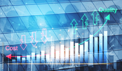 Фотография Abstract representation of rising business metrics showcasing cost and quality trends over a futuristic urban skyline for financial analysis and strategic planning