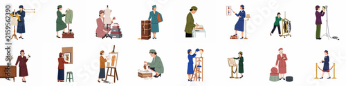 Set of vintage style illustrations depicting women in various professional roles and occupations from the mid-20th century era