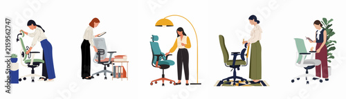 Flat illustration set of women adjusting ergonomic office chairs in various workspace settings to improve comfort and posture.