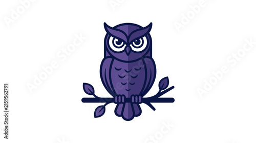 Stylized purple owl illustration sitting on a branch with a white background, depicting wisdom and nature.