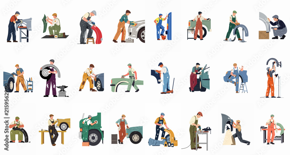 Fototapeta premium Collection of flat illustrations showing male mechanics and industrial workers performing various repair and maintenance tasks on automotive parts.