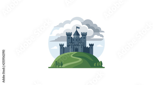 Stylized illustration of a majestic medieval castle with turrets and flags, perched atop a green hill under a cloudy sky, featuring a winding path.