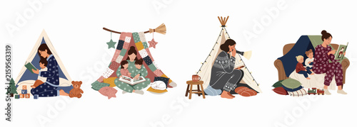 Set of four cozy illustrations of mothers and children reading together in indoor tents and forts, capturing heartwarming family bonding moments at home.