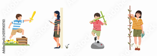 Collection of flat vector illustrations of diverse children playing with toy swords, reading a book, and using a mobile phone on white background.