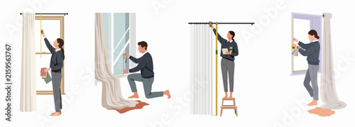 Set of Illustrations of People Measuring Windows and Installing Curtains for Home Improvement and Interior Decoration Projects
