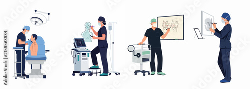 Vector illustrations of medical professionals using advanced technology for surgery, diagnosis, and planning in a modern healthcare environment.