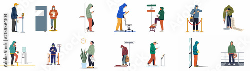 Set of vector illustrations featuring diverse people waiting, standing in line, and using mobile phones in various public settings.