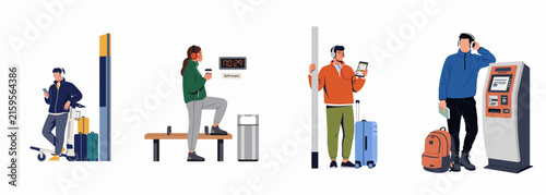 Flat vector illustration set of diverse people traveling with luggage, using technology, and waiting at airport or train station terminals.