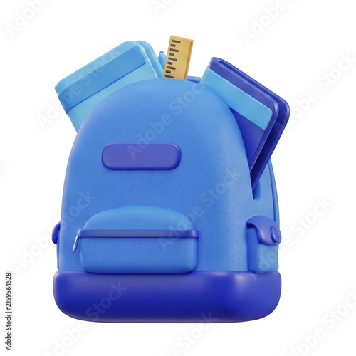 3D Render of Blue School Backpack with Books and Ruler for Education Concept