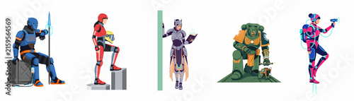фотографія Five diverse science fiction characters in futuristic armor and suits, featuring warriors and scholars in a clean flat illustration style on white background