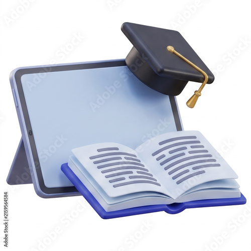 3D Render of Tablet with Open Book and Graduation Cap for E-Learning Concept