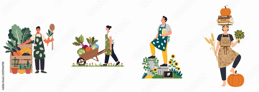 Fototapeta premium Set of flat illustrations featuring diverse people gardening and harvesting fresh organic vegetables, pumpkins, and herbs during the autumn season on white background.