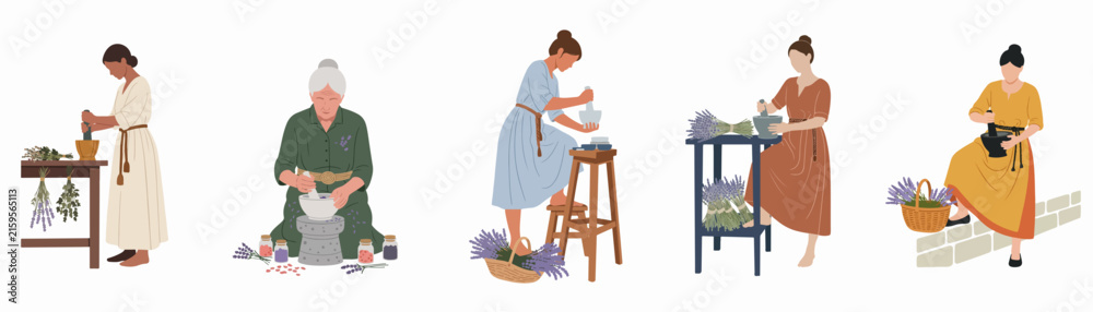 Fototapeta premium Illustration of diverse women herbalists preparing natural remedies and medicines with mortars and pestles, featuring lavender and traditional apothecary tools.