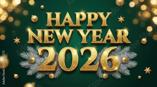 Happy new year 2026 golden glitter text with silver pine branches and ornaments on green