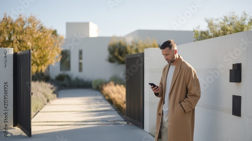 Man in elegant coat checking phone near modern house entrance on sunny day