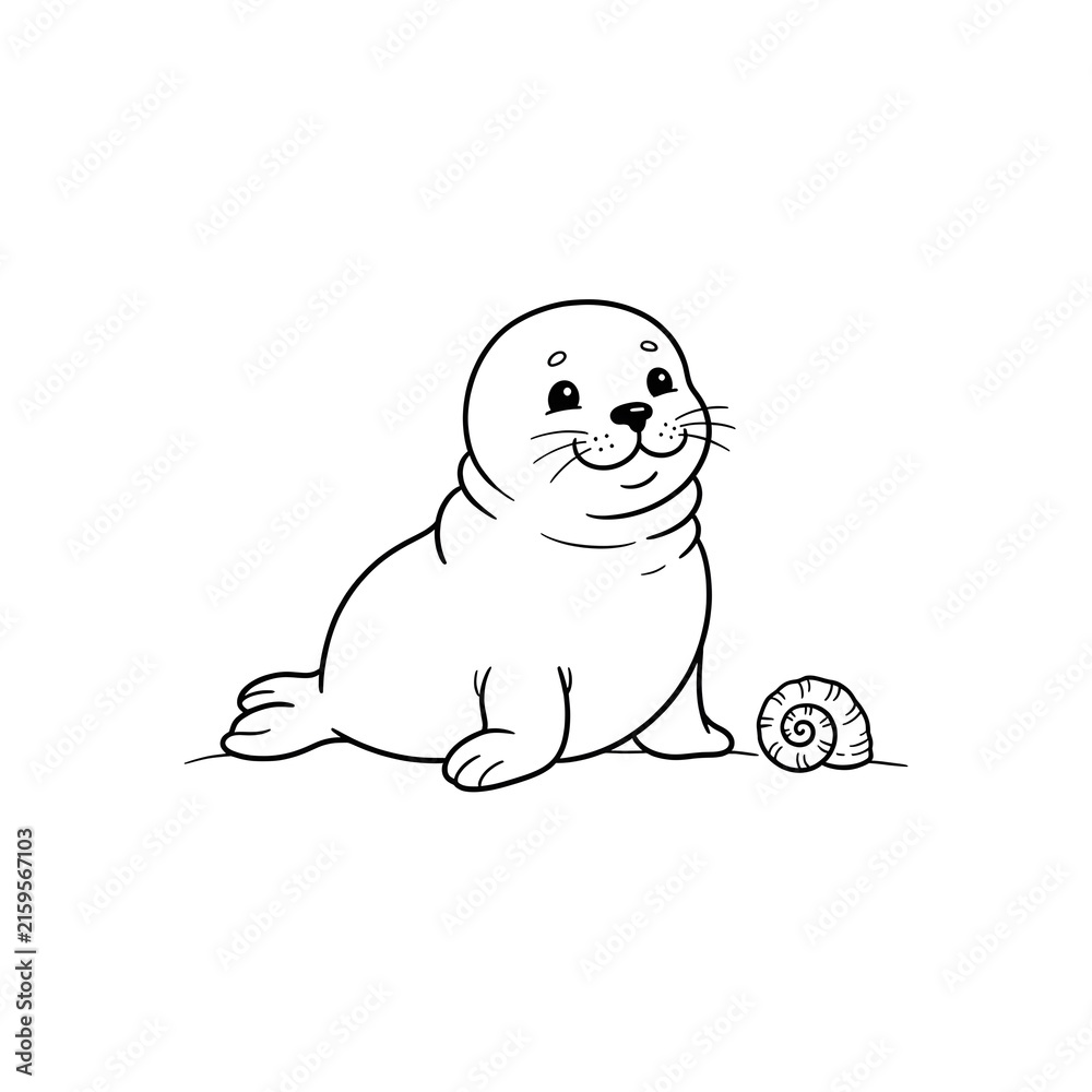 Fototapeta premium Cute cartoon baby seal sitting on white background with seashell illustration