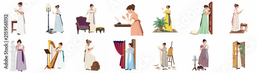 Set of Regency Era Woman Illustrations Engaged in Historical Domestic Activities Like Reading Painting Sewing and Playing Music
