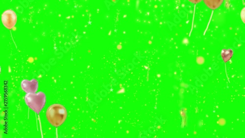 Balloons and sparkling golden glitter particles float against a bright green screen background for video keying.