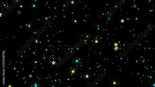 Sparkling stars glow and float like colorful dust particles in deep space against a dark black background.