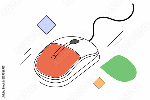 Hand-drawn vector illustration of a modern ergonomic computer mouse with colorful buttons on plain white background