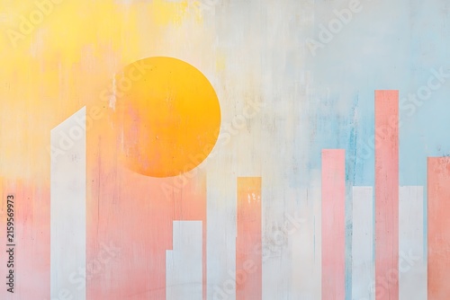 Vibrant sunrise over pastel cityscape