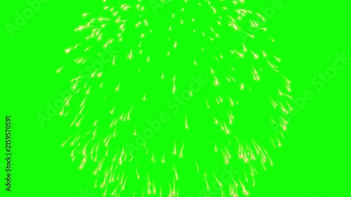 Golden firework explosion bursts with energetic sparks and glowing particles over a green screen background.