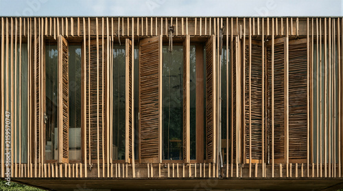 Architectural facade featuring vertical timber slats and operable louvered shutters revealing contemporary glass walls