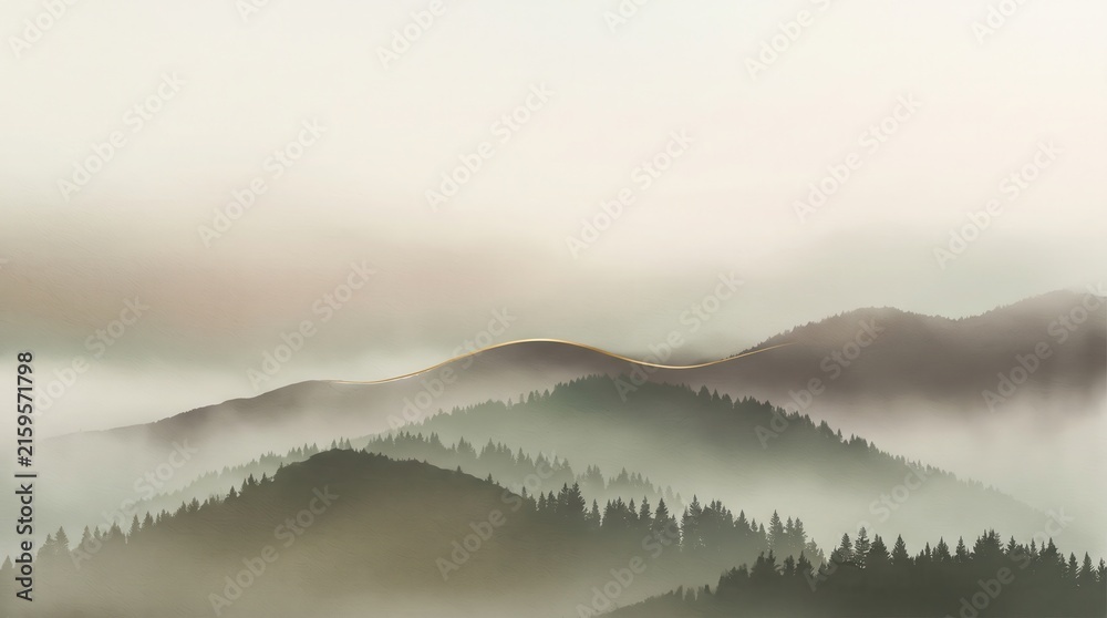 Fototapeta premium Minimalist Mountain Ridge Wallpaper with Metallic Gold Horizon Line, Foggy Pine Forest and Scandinavian Nature Aesthetic